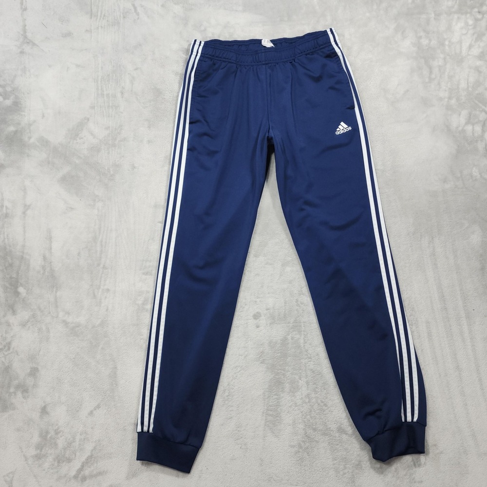 Adidas Track Pants Womens Large Blue Knit Elastic Waist 3 Stripe Cuffed Pockets
